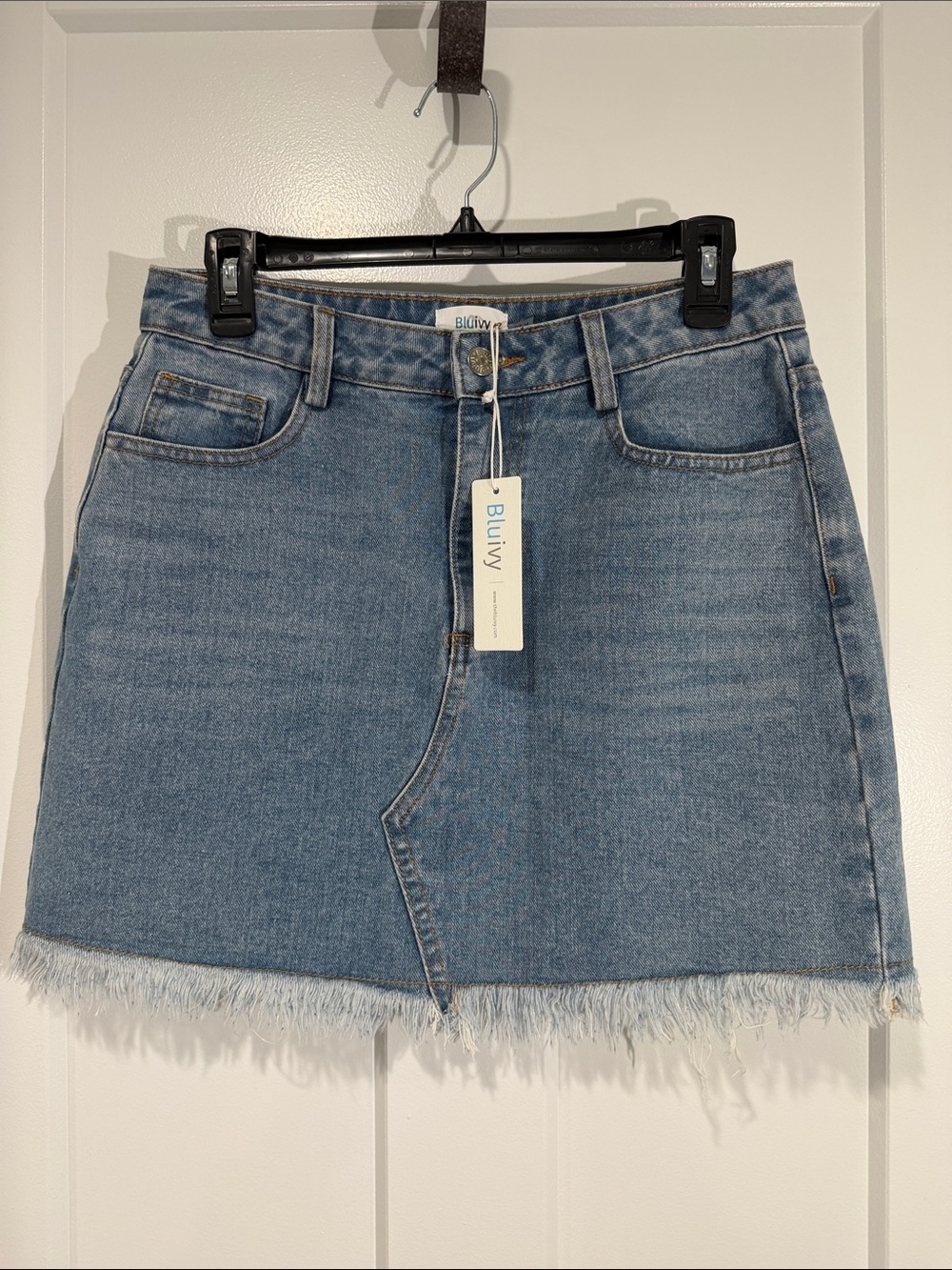 Bluivy Denim Mini Skirt in Light Blue with Frayed Hem
